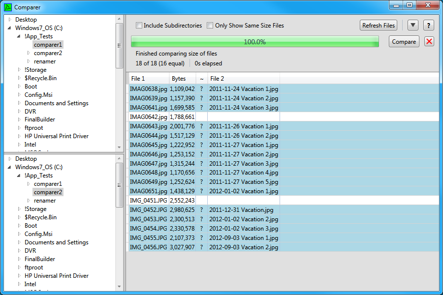 The Comparer after loading files with the same size.