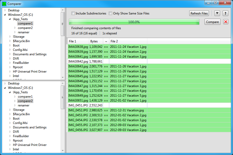 The Comparer after comparing the contents of the files.