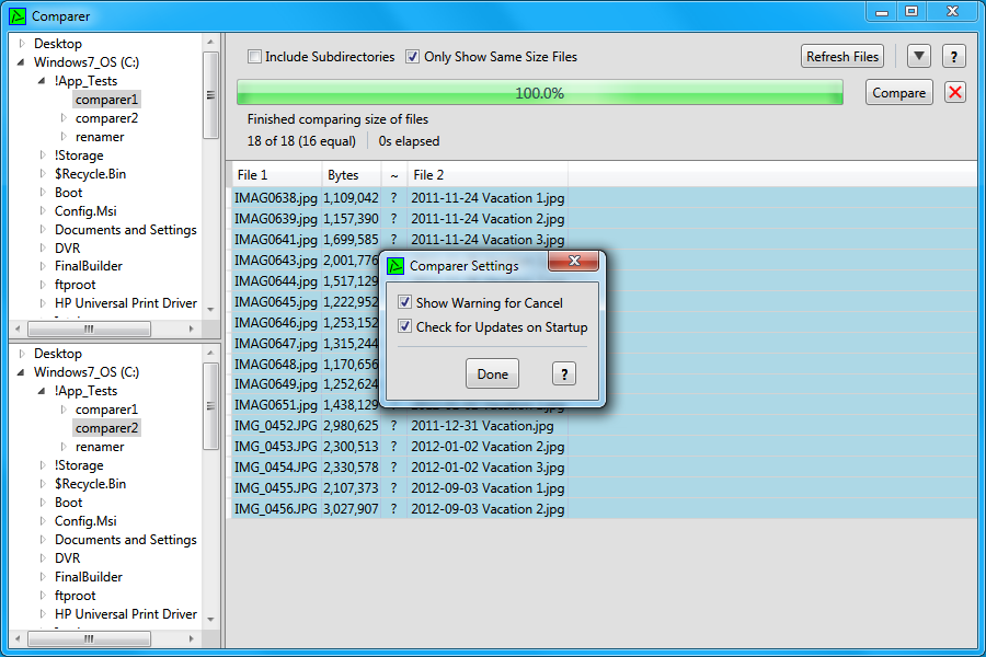 The Comparer settings.